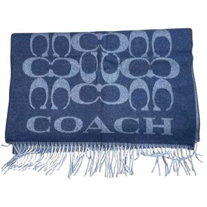 Coach Wool Cashmere Scarf Twilight Blue Logo Fringe Wrap 77 x 21 Luxury Winter